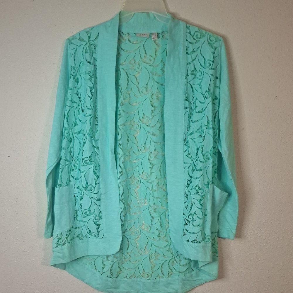 LOGO by Lori Goldstein Elegant Mint Green Lace Women Cardigan size large